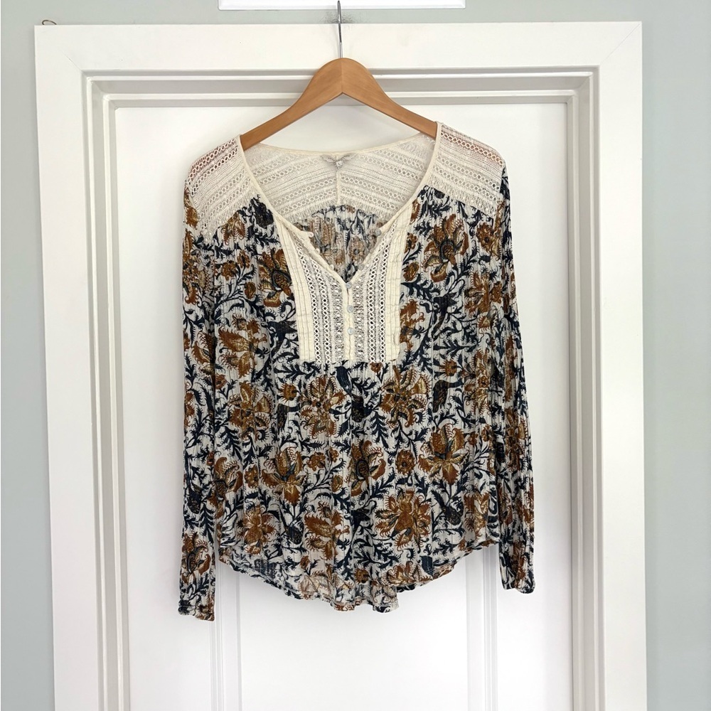 Lucky Brand Boho Crochet Knit Floral Long Sleeve Top Size L